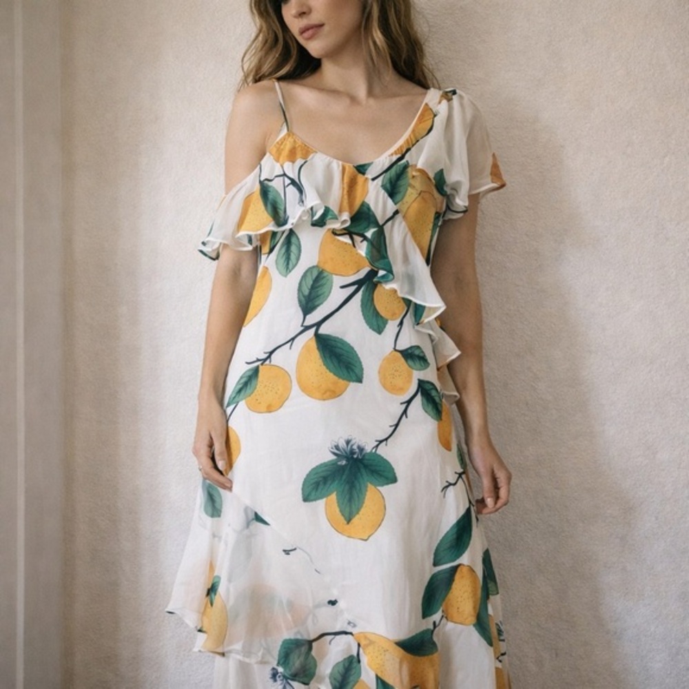 Azulu White Lemon Print One Shoulder Ruffle Maxi Dress Size 6 Summer Resort‎ NWT